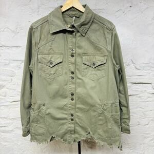 Free People Shacket Utility Green Jacket Embellished Military Style Distressed